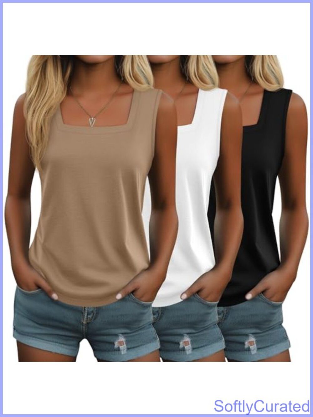 3 Pack Women's Cotton Blend Square Neck Tank Tops Sleeveless Summer Tops